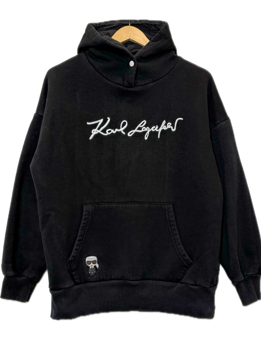 Karl Lagerfeld Logo Embroidered Pullover Fleece Hoodie Mens Size Large Black